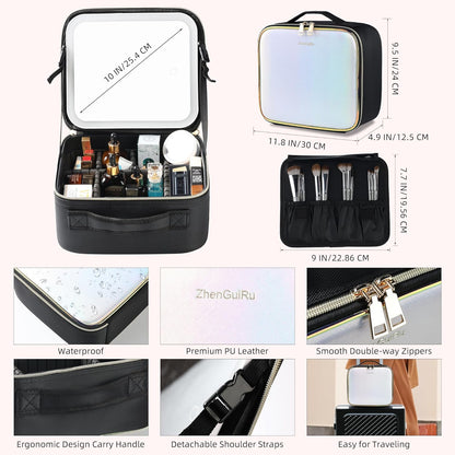 Travel Makeup Bag with LED Mirror – Waterproof Cosmetic Train Case with Adjustable Dividers, Portable Makeup Organizer and Toiletry Bag for Women, Pink Teens & Girls Gift