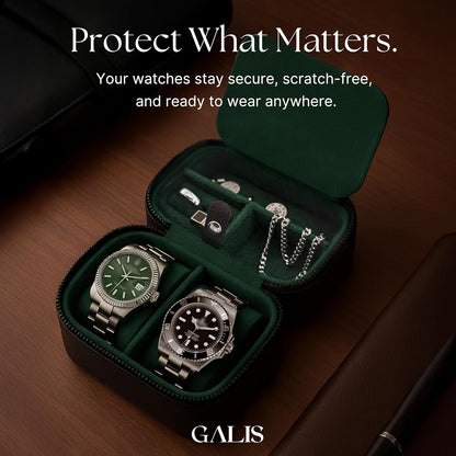 Galis Luxury Watch Case for Men High End Portable 2-Slot Watch Holder and Watch Case for Travel, Premium Watch Box for Men, Jewelry Storage Organizer, Gift for Him, Fathers, Husband (Black & Green)