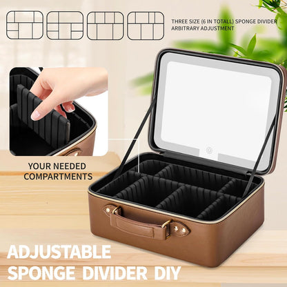 Makeup Bag with LED Mirror & Magnifier, Large Cosmetic Organizer Travel Makeup Case with Adjustable Brightness & 6 Detachable Dividers, Portable Makeup Storage for Women Girls (Brown)