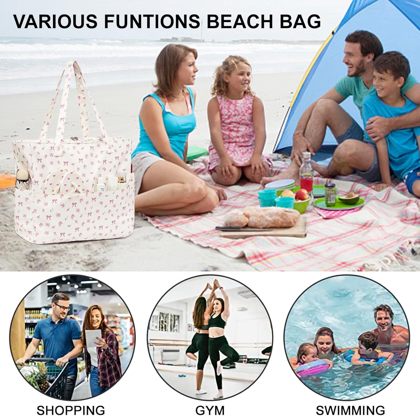 Beach Pool Bags Tote for Women Ladies Large Gym Tote Carry On Bag With Wet Compartment for Weekender Travel Waterproof