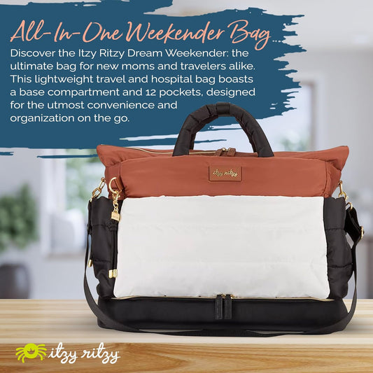 Itzy Ritzy Dream Weekender Travel Bag – Lightweight Overnight Bag with Base Compartment, 12 Pockets, Bottle Holders & Strap