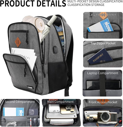 Grey Backpacks for Men, Backpack for School, School Backpack for Boys Teens, 15.6 inch Laptop Back Pack with USB Charging Port, College Book Bag, Business Work Travel Bookbag, mochilas para hombres