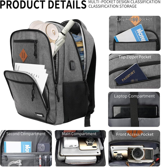 Grey Backpacks for Men, Backpack for School, School Backpack for Boys Teens, 15.6 inch Laptop Back Pack with USB Charging Port, College Book Bag, Business Work Travel Bookbag, mochilas para hombres