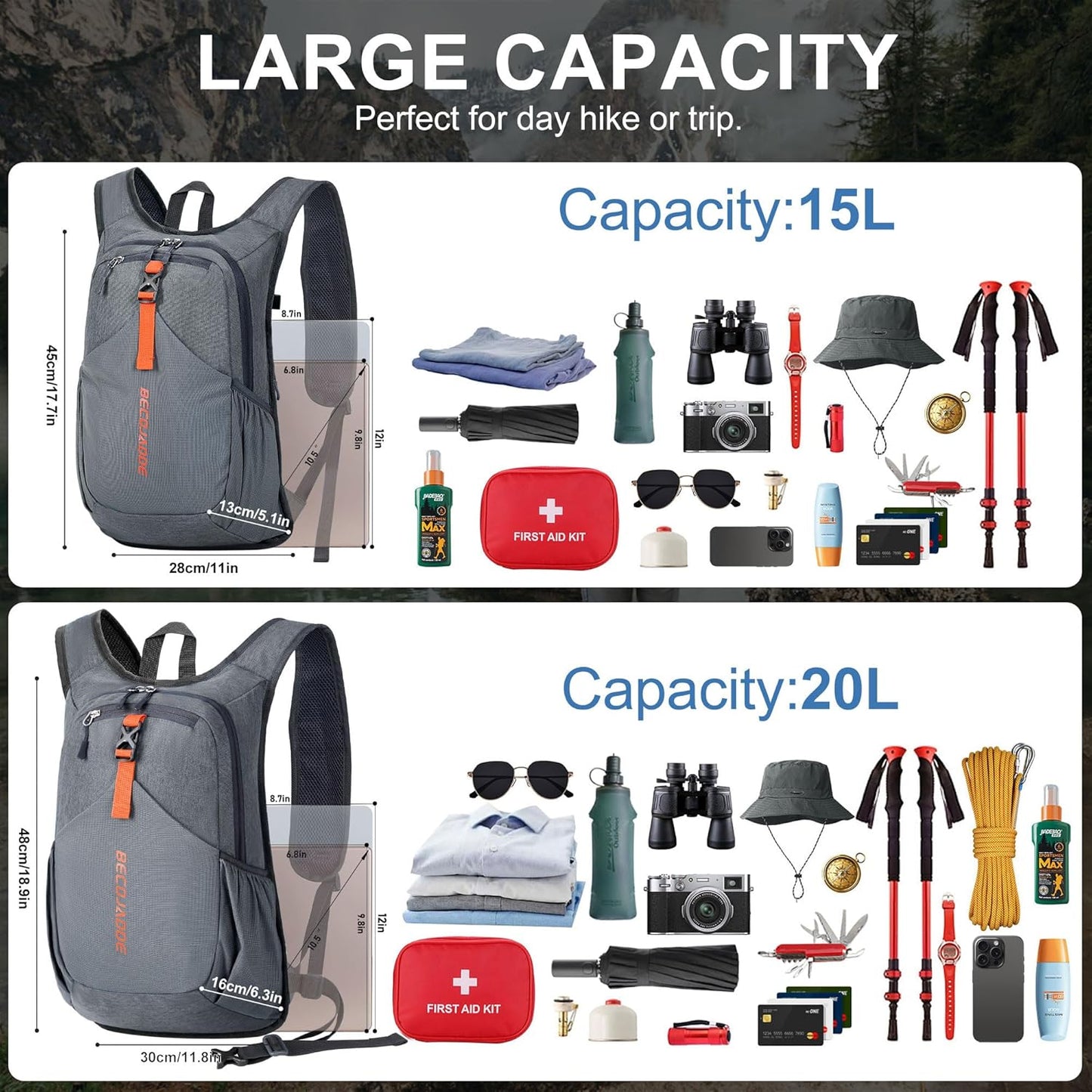 20L Small Hiking Backpack for Men Women Foldable Packable Back Pack Ultralight Hiking Daypack for Travel Camping Outdoor, Gray