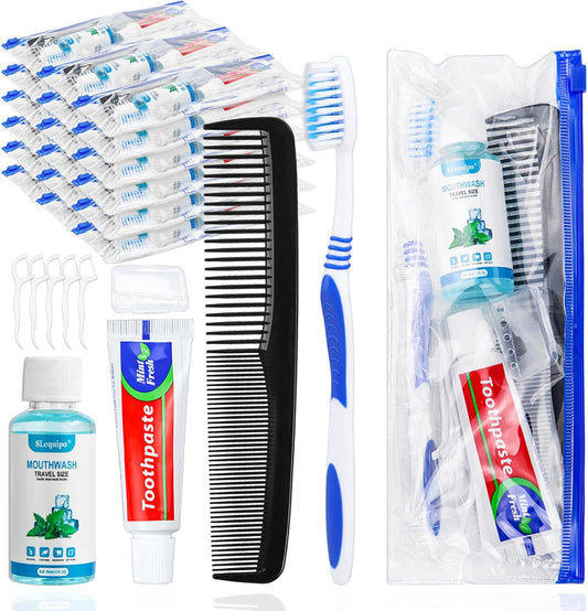 50 Set Travel Toothbrush Kit Bulk,Disposable Toothbrush with Toothpaste Set with Mouthwash,Toothpaste,Cover,Comb,Zip Bag,Floss Picks,Toothbrushes Set for Homeless,Travel