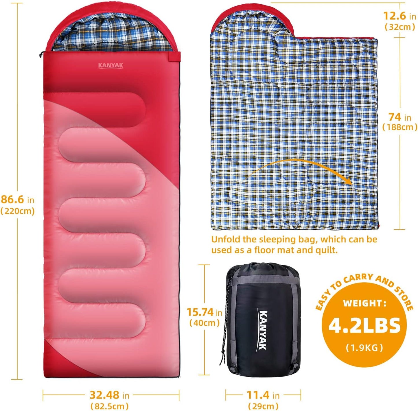 Camping Sleeping Bag, 32℉ Sleeping Bags for Adults Kids Teens Cold Weather Warm Sleeping Bag Winter for 3-4 Season Camping, Camping Gear Equipment, Traveling, and Outdoors