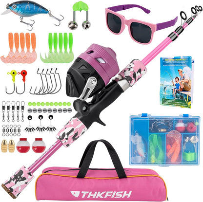 Kids Fishing Pole Set, Telescopic Fishing Rod Reel Combo Kids Starter Kit with Lures Tackle Box, Foldable Stool and Portable Bag for Boys Girls Younth