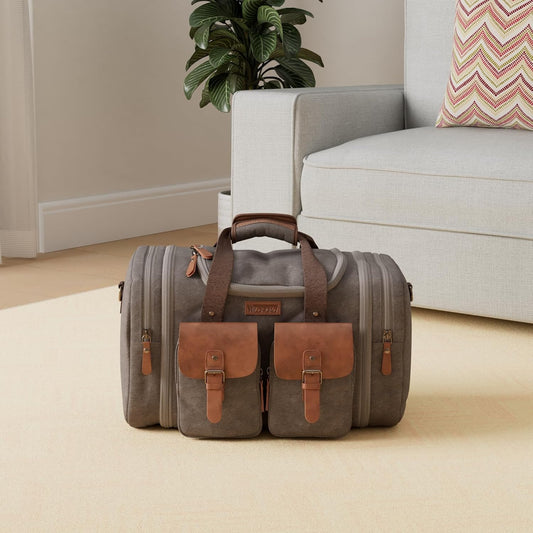 Wildroad 50L Travel Duffel Bag, Expandable Canvas Genuine Leather Duffle Bag Upgraded Overnight Weekender Carry on Bag