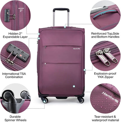 Hanke 20/24/28 Inch 3 Piece Luggage Set with Spinner Wheels Expandable Luggage Large Suitcases with Wheels Softside Checked Luggage Rolling Suitcase with Lock Lightweight Travel Luggage.(Purple)