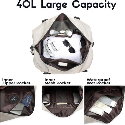 SUNNY BIRD Duffel with Utility Pouch, 40L Weekender Overnight Bag with Shoe Compartment for Travel and Sports (Grey and black)