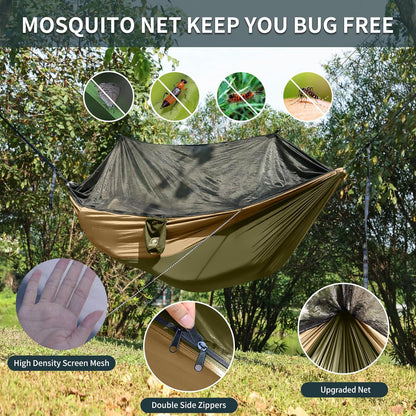 Camping Hammock with Net,Portable Lightweight Double Hammocks with Tree Straps and Solid D-Shape Carabiners,Parachute Nylon Hammock for Backpacking Beach Backyard Patio Hiking Green&Khaki