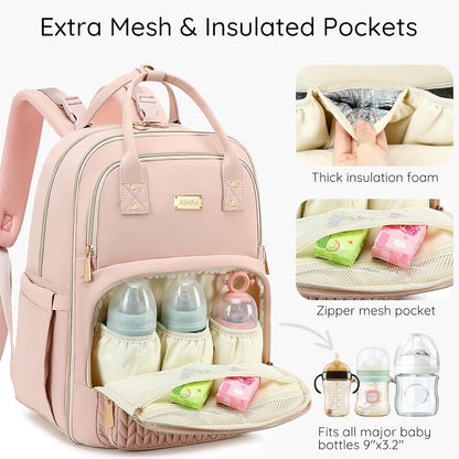 Diaper Bag Backpack - Large Multi functional, Boys, Girls & Baby Travel Essentials Tote with Changing Pad, Insulated Pockets, Stroller Straps, Waterproof - Baby Backpack for Mom & Maternity (Pink)