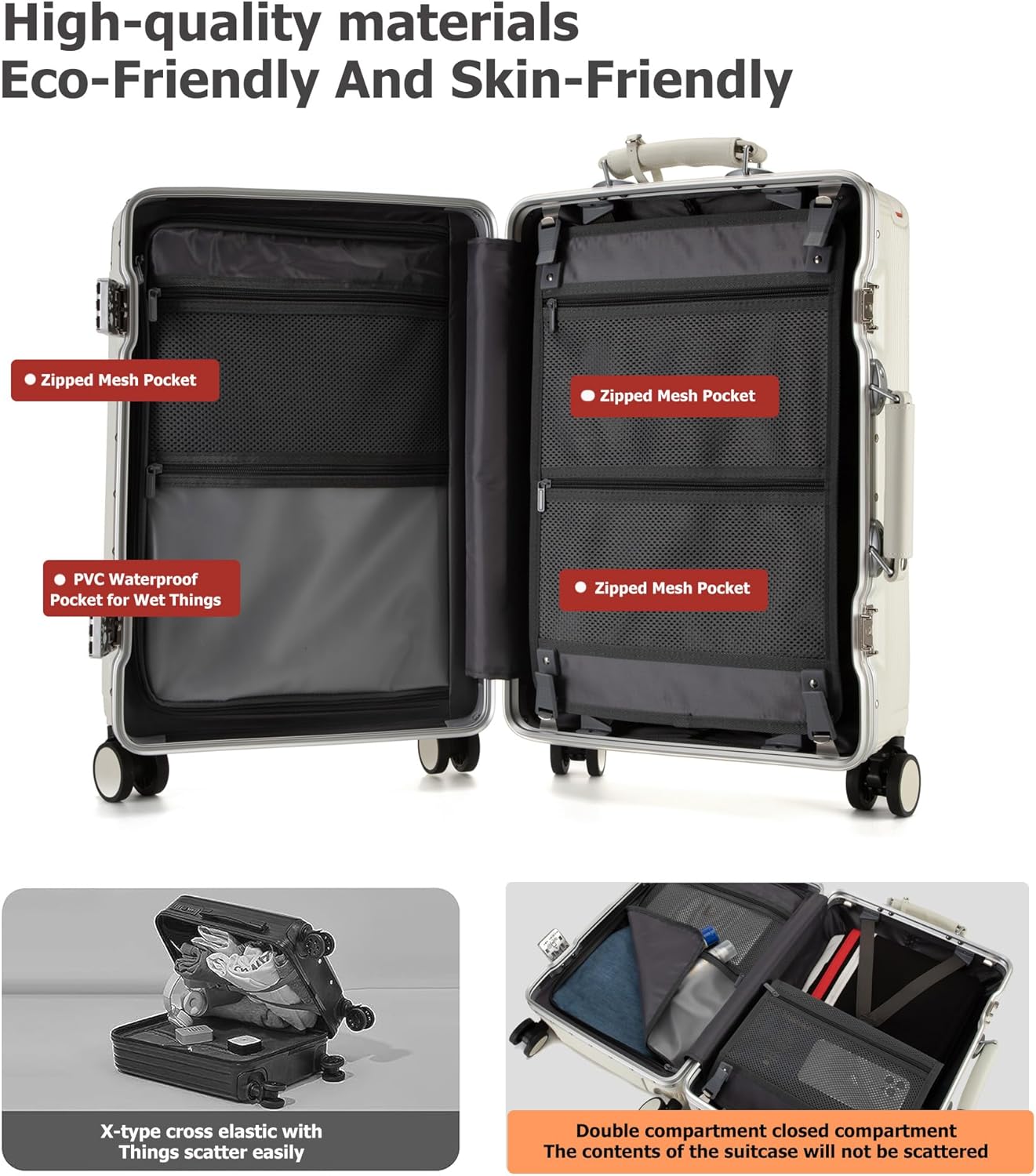 feilario 20'' Aluminum Frame Wide Handle PC Hardside Carry On Luggage - Double Spinner Wheels Luxury Rolling Travel Suitcase with TSA Lock & Cup Holder