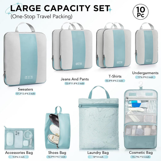 10 Set Compression Packing Cubes for Travel Essentials,Compressible Expandable Packing Cubes for Suitcase,OlarHike Luggage Organizer Bags for Travel,Handy Helper for Organizing Clothes(Blue Gray)