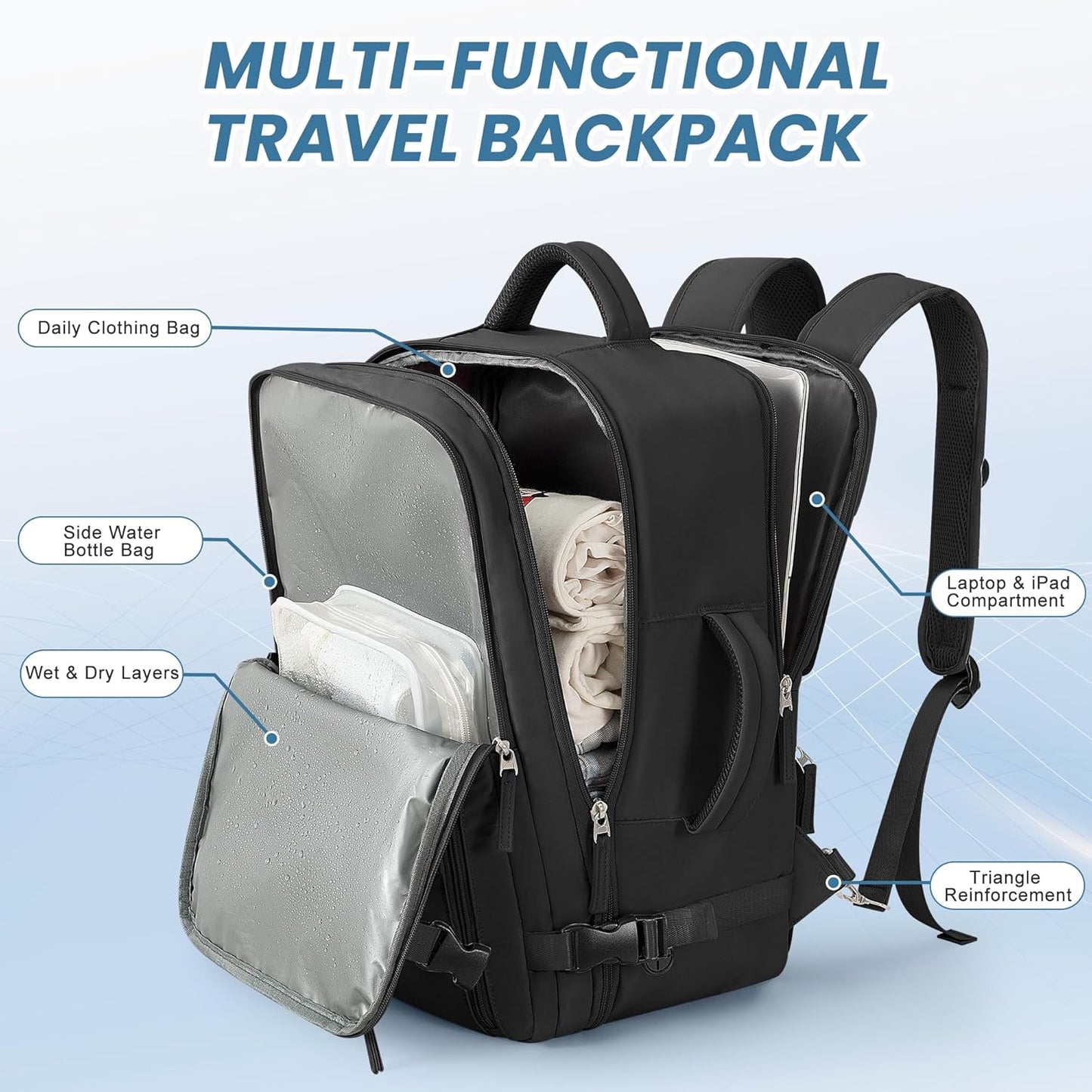 Beraliy Travel Backpack for Men Women, Carry On Backpack, 16 Inch Laptop Backpack, Waterproof School Backpack, Casual Outdoor Daypack College Bag, Black