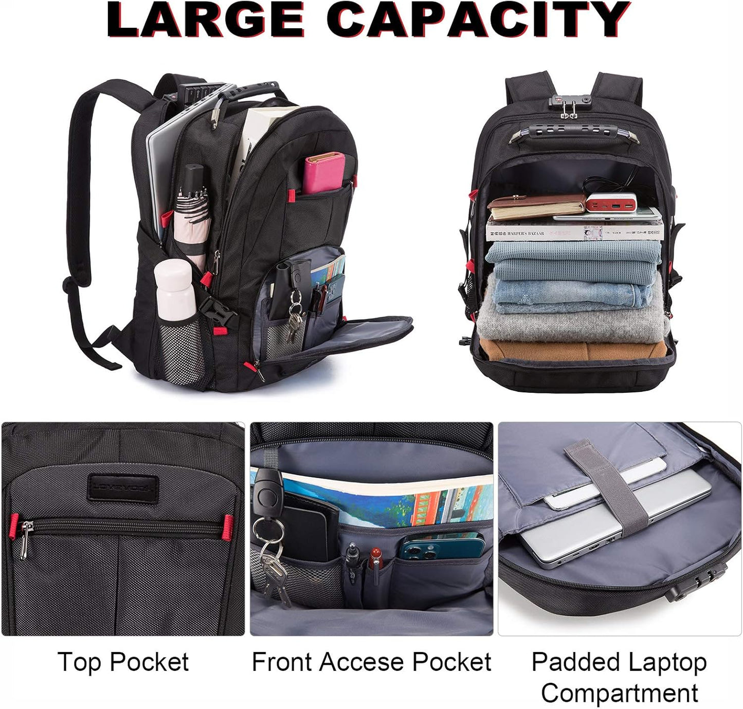 LOVEVOOK Large Backpack for Men 18 inch Heavy Duty Backpack Big Travel Backpack Large Capacity Laptop Backpack with USB Port Waterproof for Business Work (18.4 inch,Black)