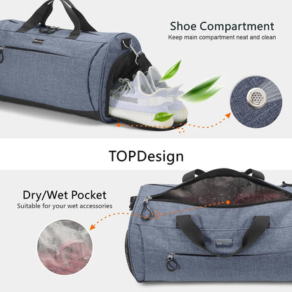 TOPDesign Gym Bag for Women & Men, Unisex Duffel Bag with Shoe Compartment & Wet Pocket for Travel Sports Gym (L Textured Blue)
