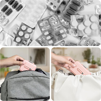 Travel Pill Organizer Box with Labels, 7 Compartments Portable Mini Pill Case, Daily Medication Organizer Storage Pill Container for Pocket Pharmacy(Pink, S)