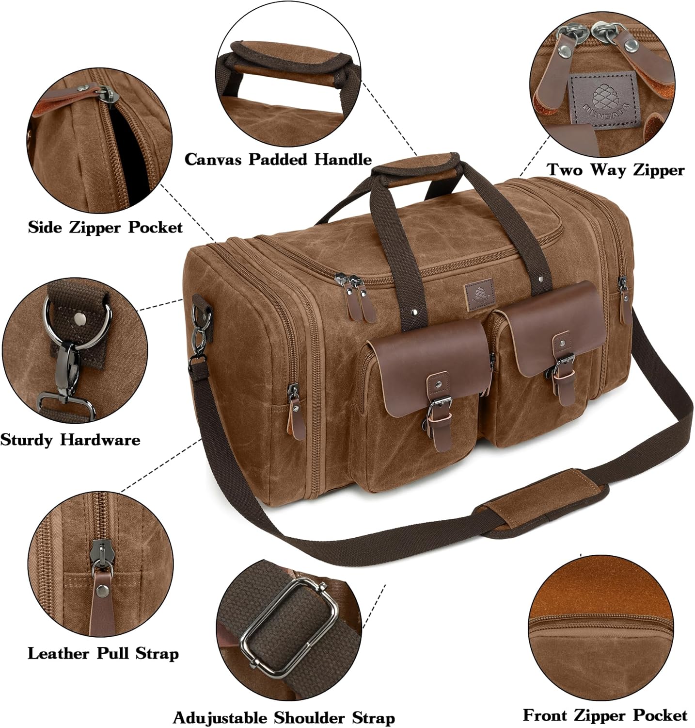 Waxed Canvas Duffle Bag for Men 50L Travel Duffel Bags Expandable Genuine Leather Duffel Overnight Weekender Carry On Bag Two Zipper Pockets Travel Bag (Vintage Dark Brown, Large-50L)