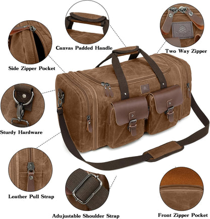 Waxed Canvas Duffle Bag for Men 50L Travel Duffel Bags Expandable Genuine Leather Duffel Overnight Weekender Carry On Bag Two Zipper Pockets Travel Bag (Vintage Dark Brown, Large-50L)