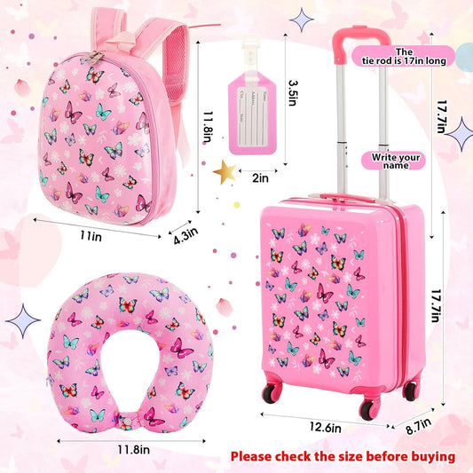 Sanwuta 4 Pcs Kids Luggage Set Kids Backpack Travel Rolling Suitcase with Wheels U-shape Pillow Childrens Gift for Girls Boys(17 Inch,Butterfly Style,Rose Pink)