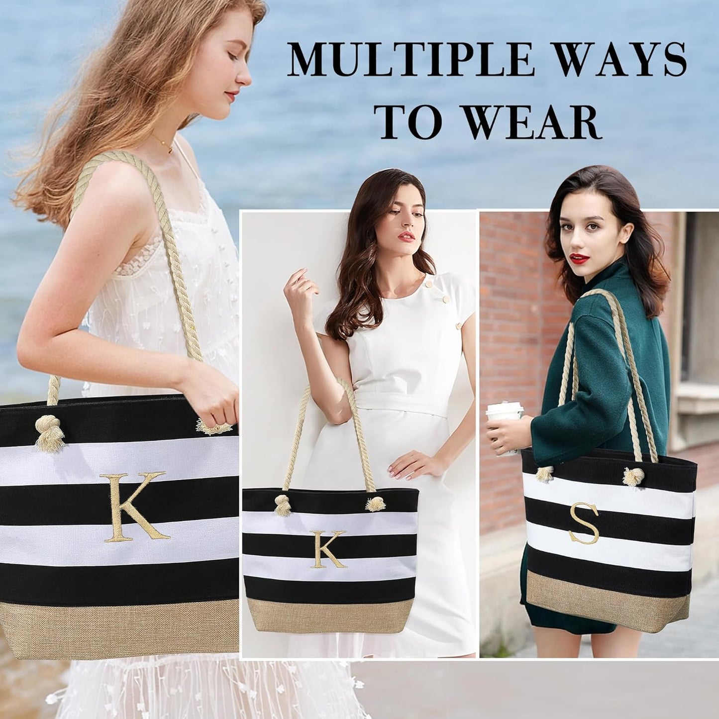 YOOLIFE Initial Canvas Waterproof Beach Tote Bag Zipper Personalized Gifts for Women Her Birthday Travel Beach Essential