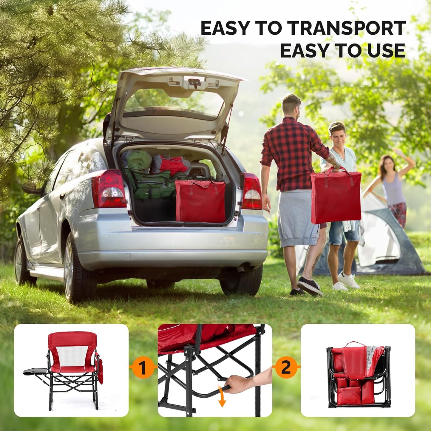VINGLI Camping Chairs, Directors Chair, Camping Chair with Side Table & Carry Bag，Heavy Duty Camping Chairs for Adults, Portable Folding Camping Chair, Pocket for Beach, Fishing,Trip,Picnic,Lawn-Red