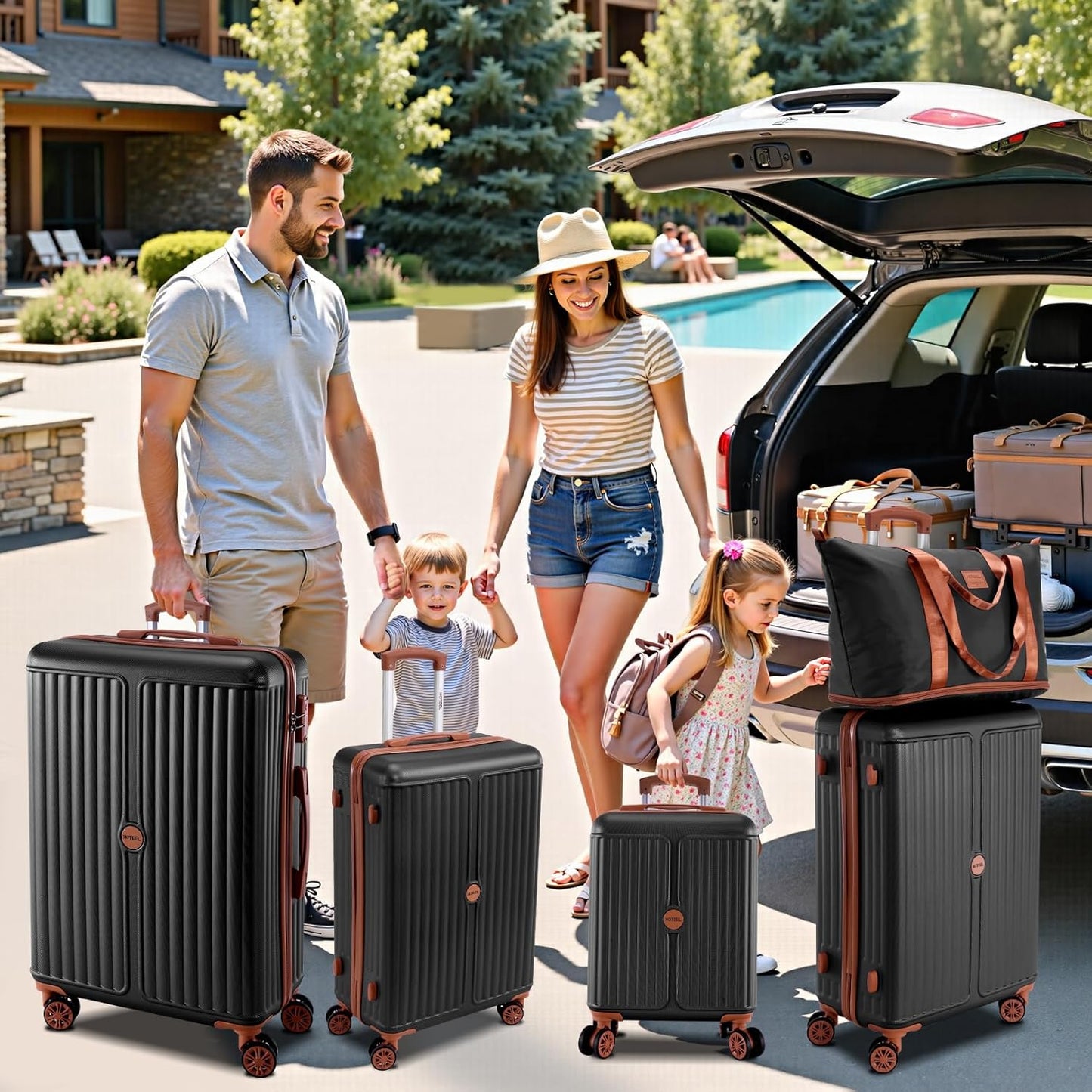 Hoteel 6 Piece Luggage Set with Spinner Wheels (4-YEAR WARRANTY), Carry on Luggage for Travel with TSA Lock, ABS+PC Hardshell Suitcase Set, 16"/20"/24"/28"+Duffel Bag+Cosmetic Bag(Black)