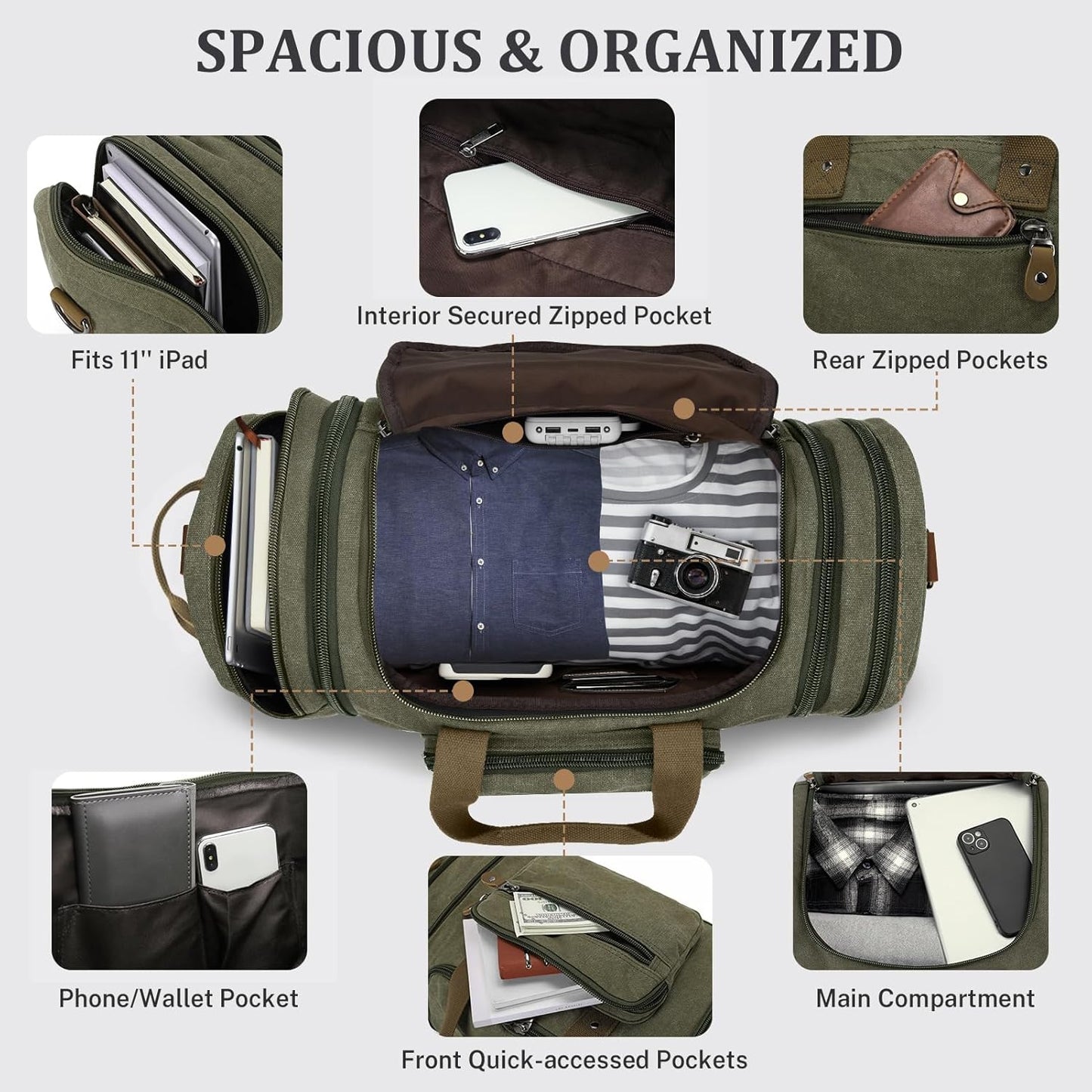 Gonex Canvas Duffle Bag 60L Travel Duffel Overnight Weekend Bag with Shoe Compartment (Army Green)