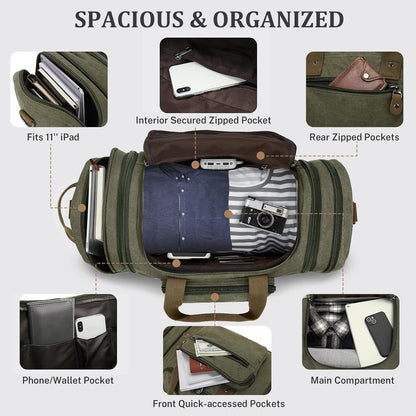Gonex Canvas Duffle Bag 60L Travel Duffel Overnight Weekend Bag with Shoe Compartment (Army Green)