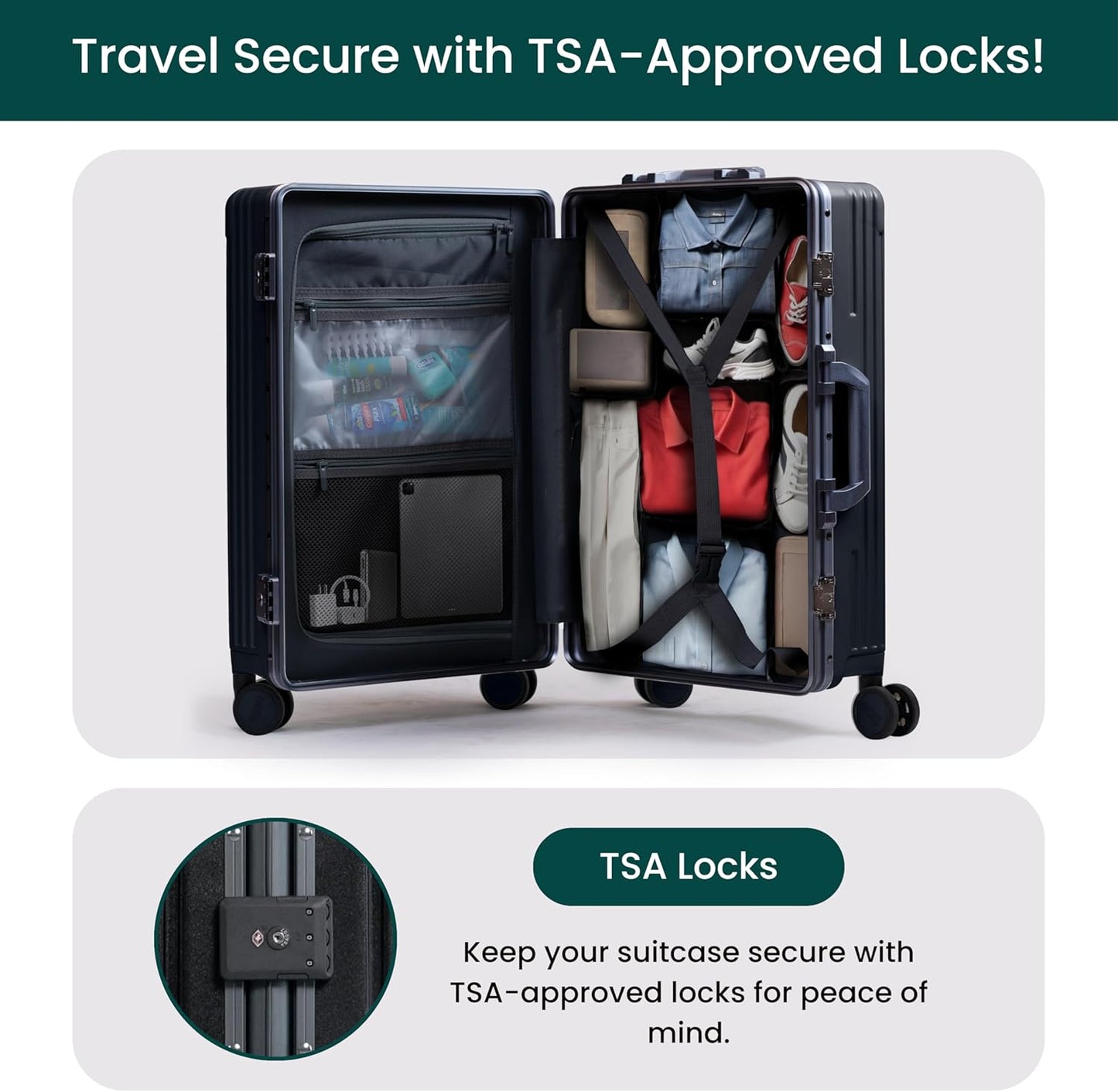 Nobl Travel Carry On Luggage, Noble Zipperless Aluminum Frame, 22.5x15x9.5, 360 Degree Spinner Wheels, TSA Locks, USB Charging Port, Cup & Phone Holder - Black