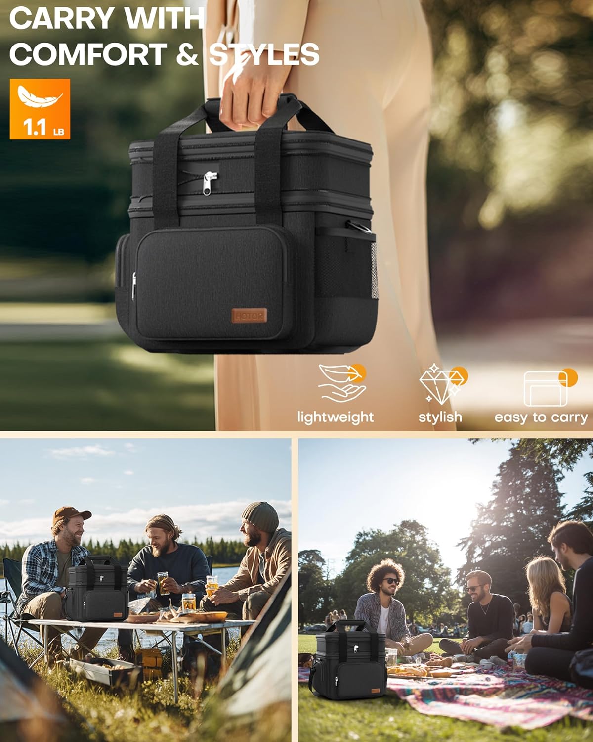 HOTOR Lunch Box for Men and Women - Leak-Proof Insulated Lunch Cooler Bag with Adjustable Strap, Multiple Pockets for Office, Picnic, Hiking, Beach, 2 Layer, 17L, Black, 12.2" x 7.9" x 10.6"