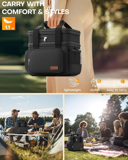 HOTOR Lunch Box for Men and Women - Leak-Proof Insulated Lunch Cooler Bag with Adjustable Strap, Multiple Pockets for Office, Picnic, Hiking, Beach, 2 Layer, 17L, Black, 12.2" x 7.9" x 10.6"