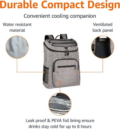 Amazon Basics Insulated Cooler Backpack, 30 Can Capacity, Leak-Proof Design, Gray