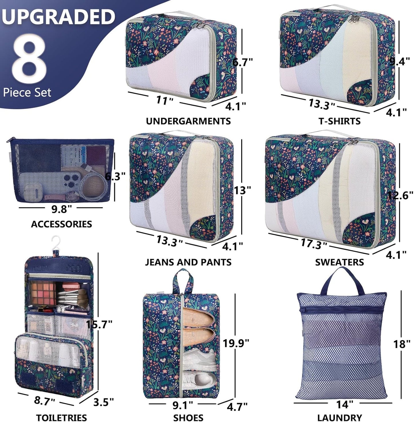 8 Set Packing Cubes for Travel,Gifts for Women Mom,Anti-Tearing Suitcase Organizer for Luggage with Shoe & Hanging Toiletry Bag,Vacation Essentials & Accessories for Cruise Ship,Dark Blue Floral