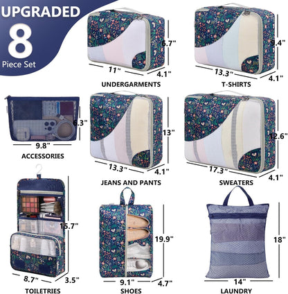8 Set Packing Cubes for Travel,Gifts for Women Mom,Anti-Tearing Suitcase Organizer for Luggage with Shoe & Hanging Toiletry Bag,Vacation Essentials & Accessories for Cruise Ship,Dark Blue Floral