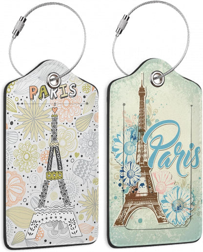 2 Pack Funny Luggage Tags with for Suitcases, Vintage Eiffel Towe Paris PU Leather Luggage Tag Accessories Privacy Cover ID Label with Stainless Steel Loop for Travel Bag for Women Girls Teens