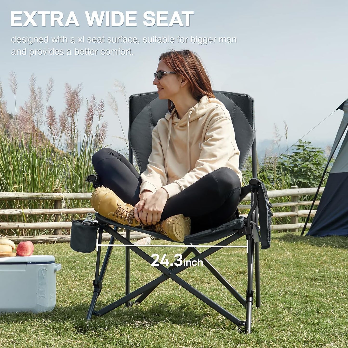 EVER ADVANCED Oversized Folding Camping Chair for Adults with Adjustable Lumbar Support, Heavy Duty Chair with Side Pockets, Portable Collapsible Quad Chair for Outside