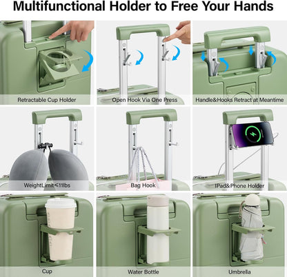 Hanke 28 Inch Luggage with Cup Holder and Charge,Top Opening Hard Shell Suitcases with Wheels and Dividers,Aluminum Frame Trunk Luggage Extra Large Suitcase with Lock for Travel，Bamboo Green