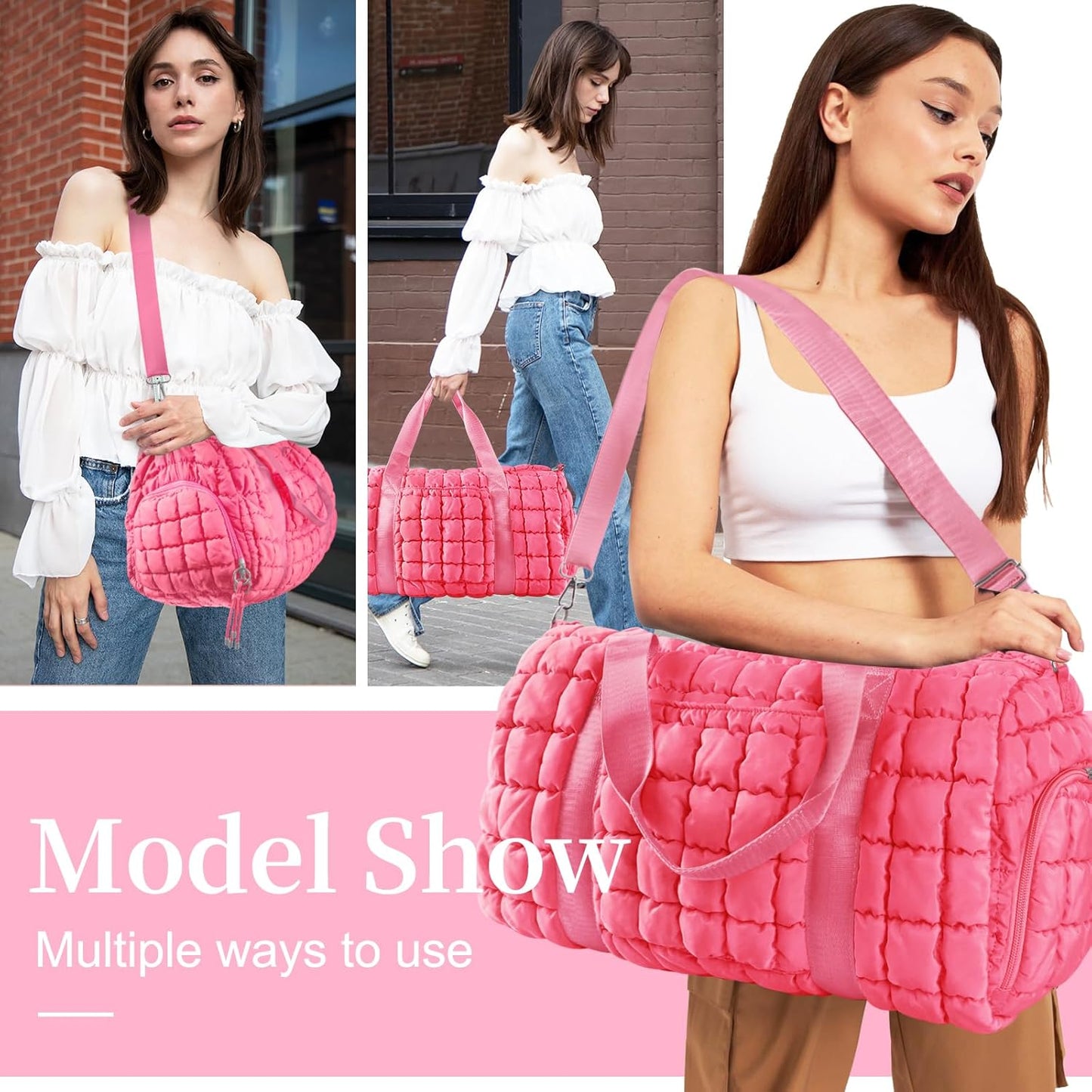 Quilted Travel Duffle Bag Gym Bag for Women,Large Puffer Duffle Weekender Bag with Compartment,Workout Overnight Carry on Organizer Bag Duffle Bag for Airplane Travel(Pink)