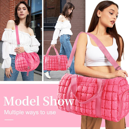 Quilted Travel Duffle Bag Gym Bag for Women,Large Puffer Duffle Weekender Bag with Compartment,Workout Overnight Carry on Organizer Bag Duffle Bag for Airplane Travel(Pink)