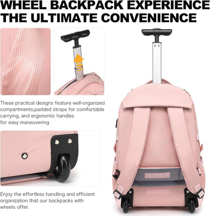 Boavan Rolling Backpack for Women, 17.3 Inch Wheeled Laptop Backpack,Large Travel Carry-On Bag for Teachers College Students, USB Charging Port Waterproof Business for Airplane Overnight Luggage，Pink