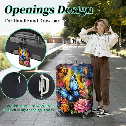 Suitcase Protector Plus 1 Luggage Tag, Colorful Rose Butterfly Travel Cover for 26-28 inch Luggage with Concealed Zipper Washable Elastic Cloth Dustproof Anti-Scratch