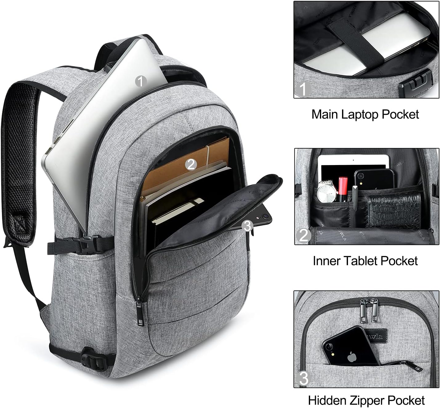 Laptop Backpack for unisex,Anti Theft Water Resistant Travel Work Backpack with USB Charging and Lock 15.6 Inch Computer Bag, Grey