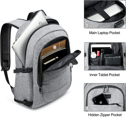 Laptop Backpack for unisex,Anti Theft Water Resistant Travel Work Backpack with USB Charging and Lock 15.6 Inch Computer Bag, Grey