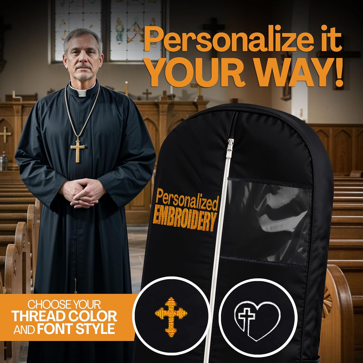 Personalized Garment bag for Hanging Clothes - Embroidered Name Garment Holder With 2 Mesh Pockets for Priest and Nun Robes - Ideal for Clergy Outfits, Uniform Cover Bag with Carry Handle - Black