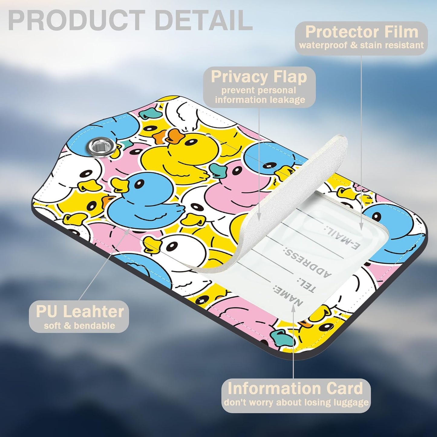 2 Pcs Cute Duck Luggage Tags for Suitcases PU Leather Baggage Tags Name ID Label with Privacy Cover and Stainless Steel Loop for Men Women Travel Bag Suitcase