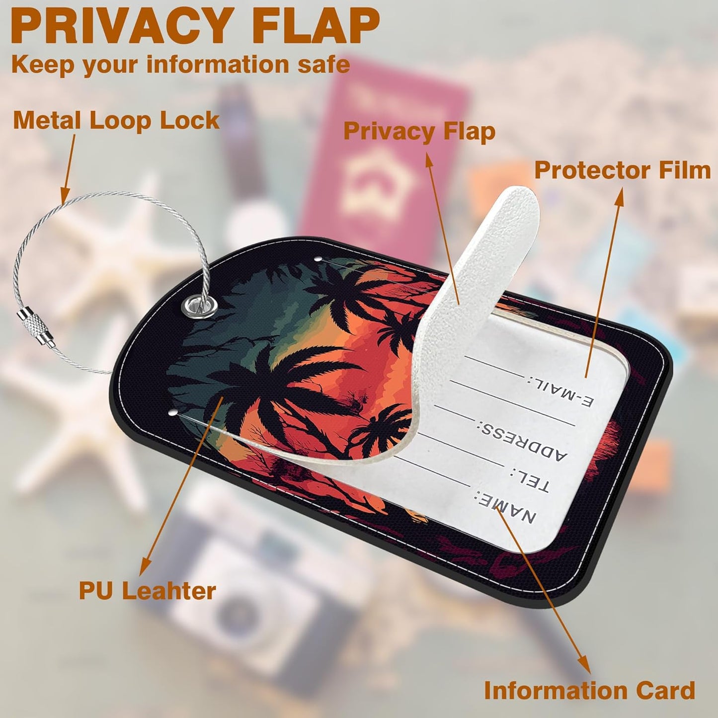 Sunset Mountain Lake Palm Tree Leather Luggage Tag for Suitcase 2 Pack Luggage Tag with Privacy Name ID Label and Stainless Steel Loop for Travel Bag Suitcase