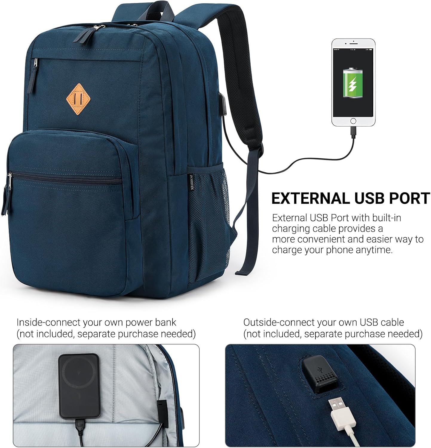 ZORFIN 36L Backpack for College, and Travel: Water Resistant Bookbag - Steel blue