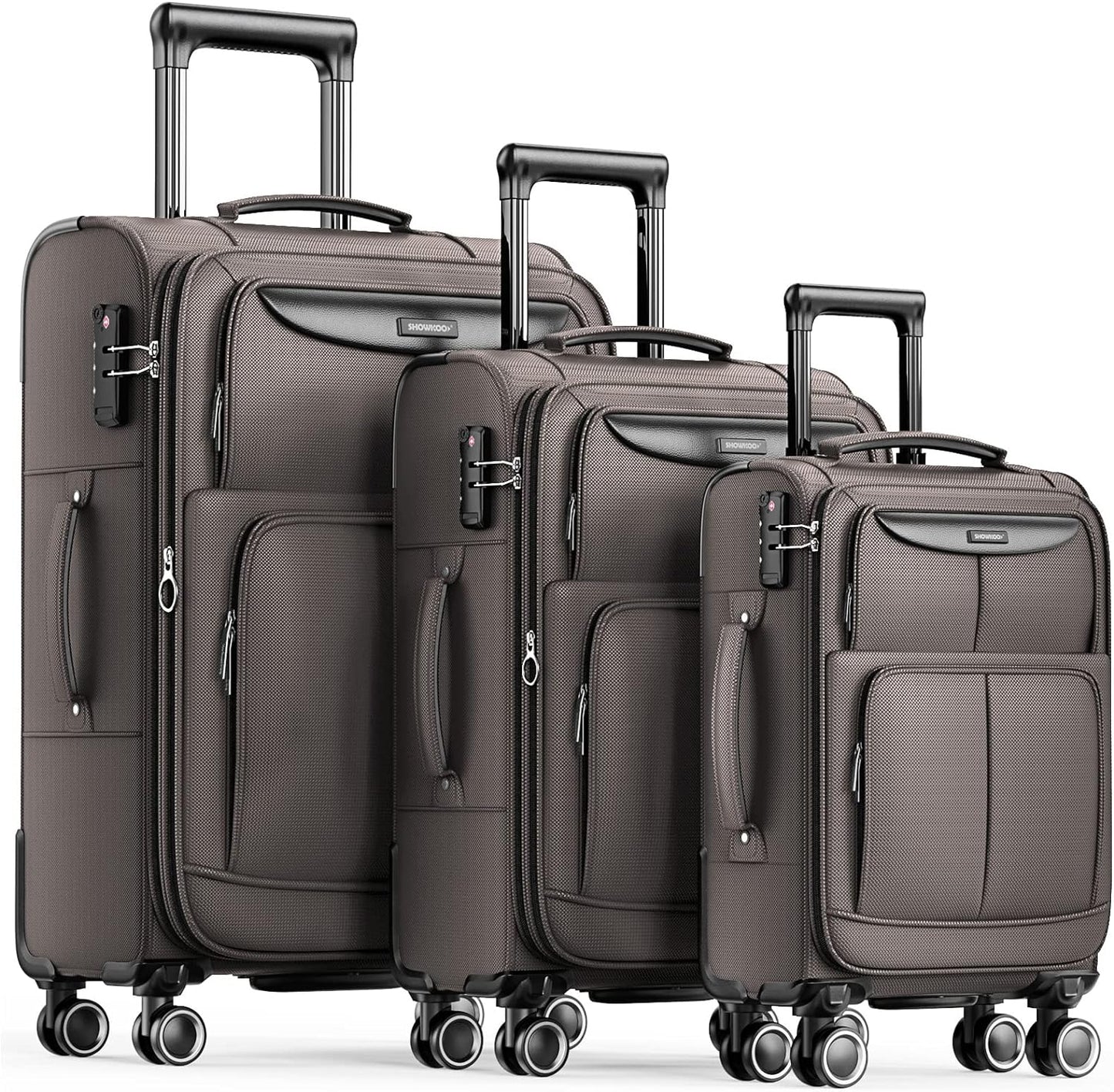 SHOWKOO Luggage Sets 3 Piece Softside Expandable Lightweight Durable Suitcase Sets Double Spinner Wheels TSA Lock Light Coffee (20in/24in/28in)